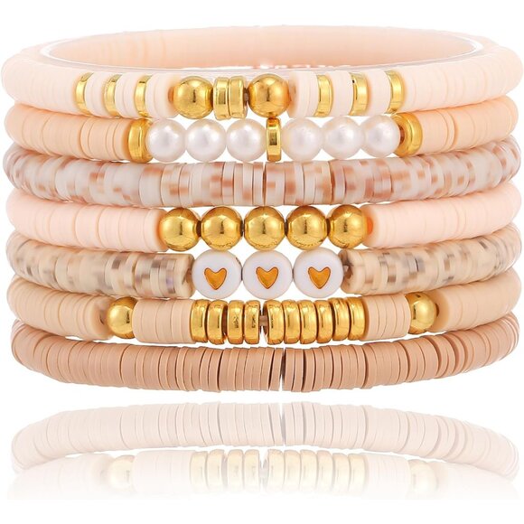 Jewelry - Friendship Bracelets Trendy Heishi Clay Bead Bracelets Stack Gold Beaded Stretch